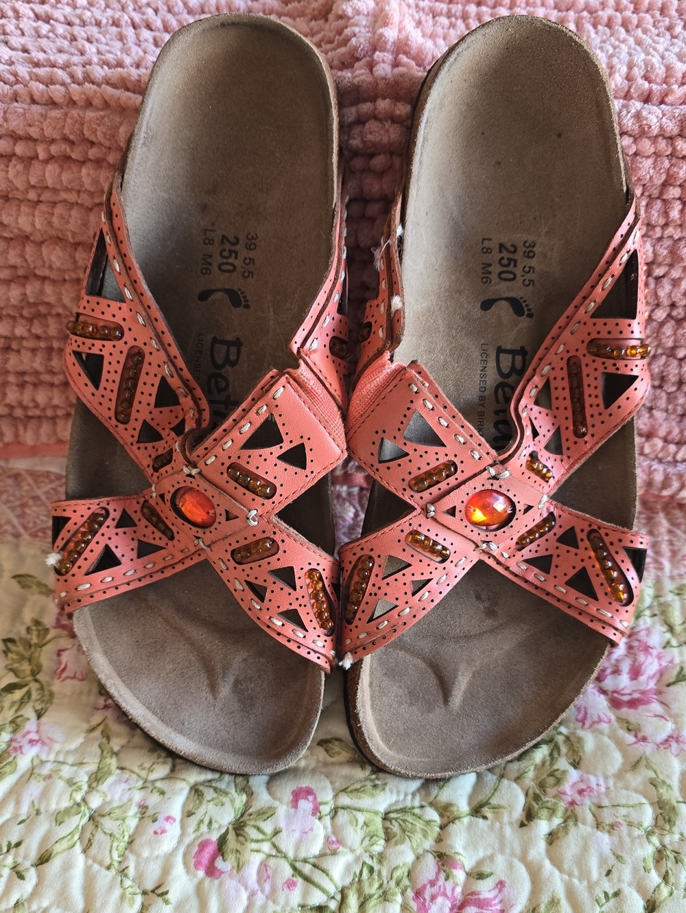 Embellished Coral Slip-On Sandals with Gem Detail